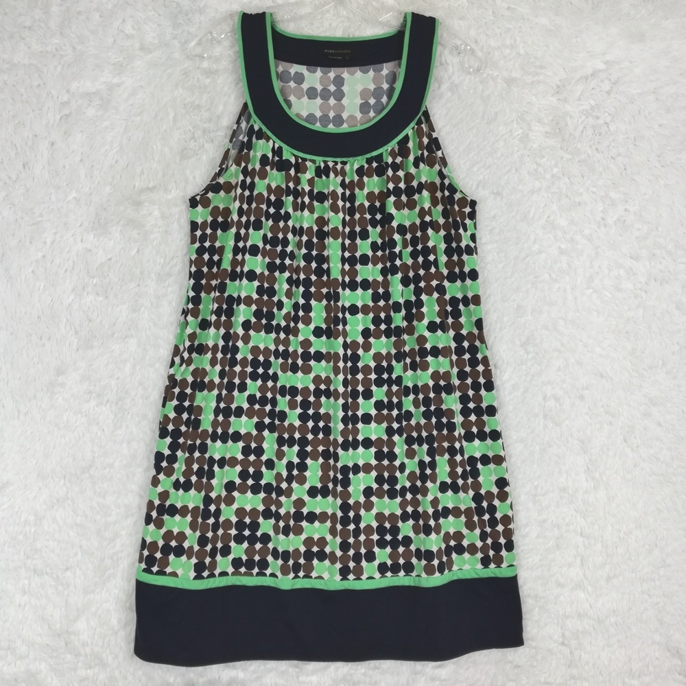 BCBG Maxazria‎ Womens Dress Tent Sleeveless Green Navy Polkadot Pockets Mini L